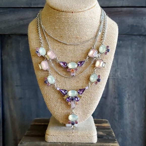 Guess Jewelry - GUESS MULTI STRAND BIB NECKLACE W GEMS 15 inches,, 2 inch extension  pink purple
